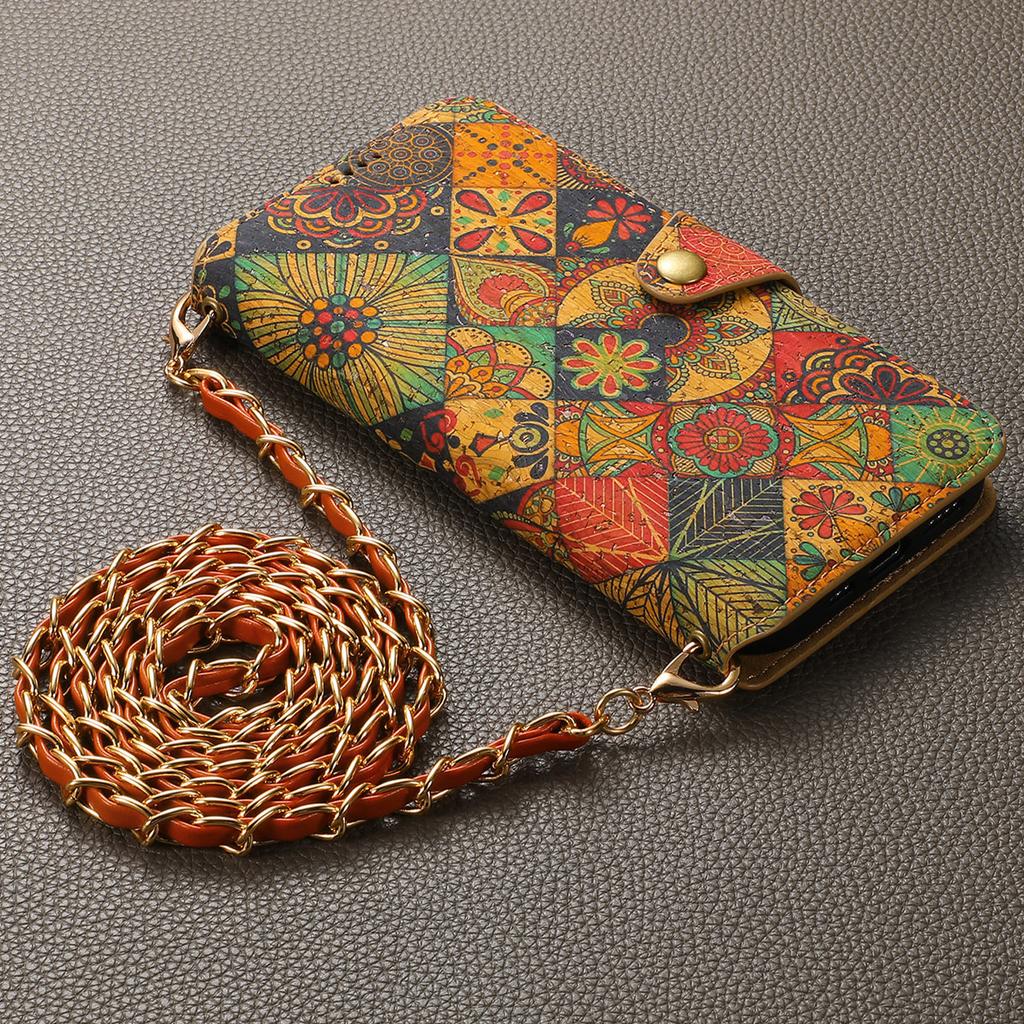 Custodia a Portafoglio Flip Etnica Floreale Boemia per Telefono - Custodia a Tracolla con Texture in Sughero, Porta Carte e Supporto per Serie iPhone 17 Pro 16 15