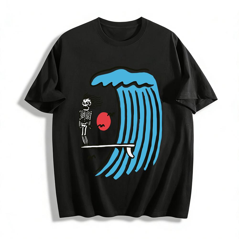 Skeleton Surfing Big Wave Graphic Casual T-Shirt Pure cotton T-shirt XXS
