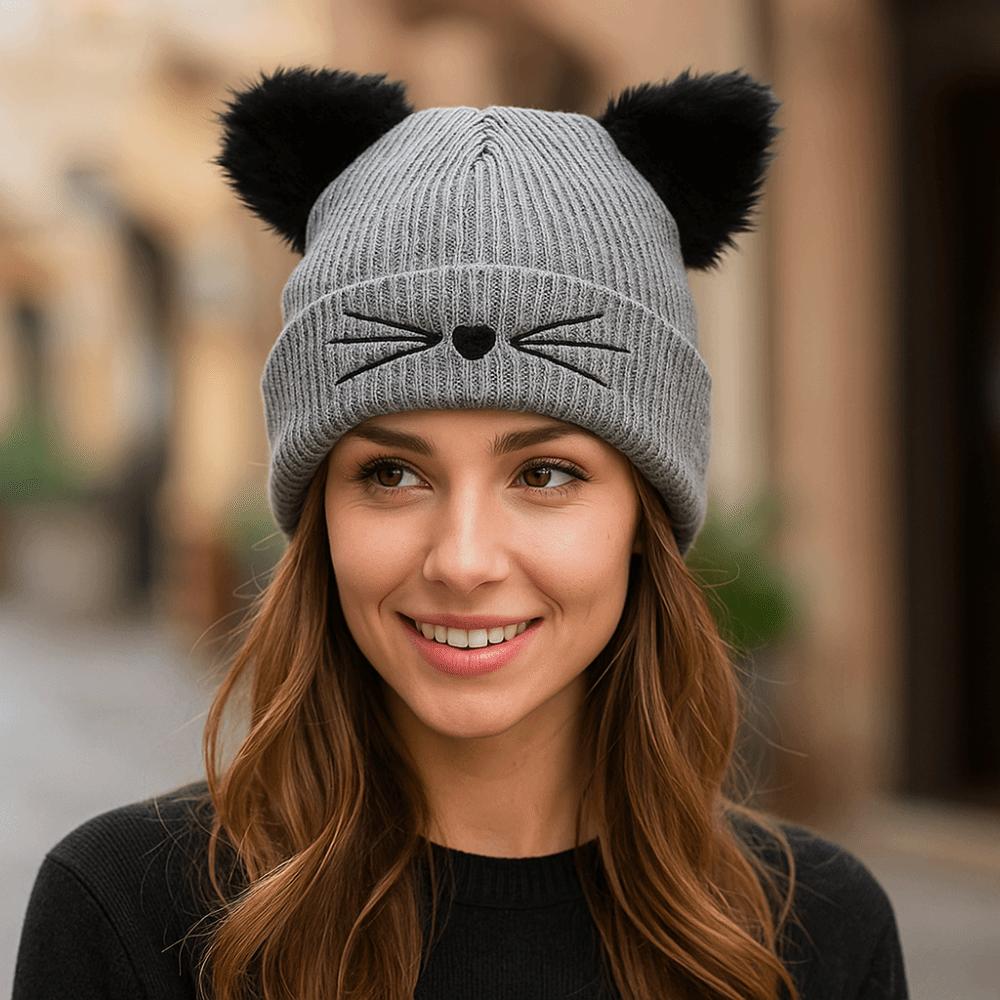 Einfarbige Katzenohren Mützen Wolle Kaltmütze Lässige Strick-Pullovermütze Mädchen