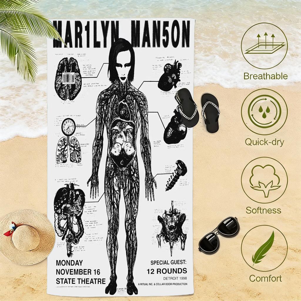 M-Marilyn M-Manson Printed Beach Towel Microfiber Quick Dry Absorbent Dark Rock Style Gym Sports Towel Outdoor Beach Accessories