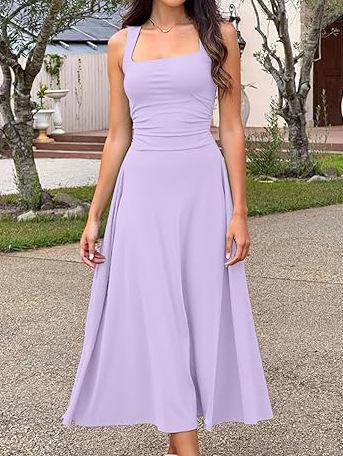 Spring and summer new European and American fashion square collar versatile sleeveless solid color basic dress women's comfortable