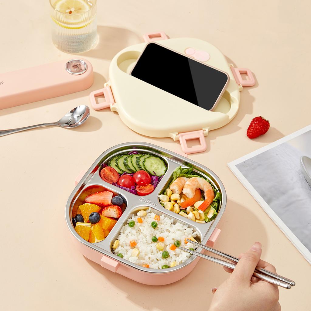Worthbuy Grazioso Capibara Acciaio Inossidabile 304 Scatola Bento 3/4 Scomparti Quadrata Portatile per Pranzo Microonde Set per Studenti Bambini Scuola