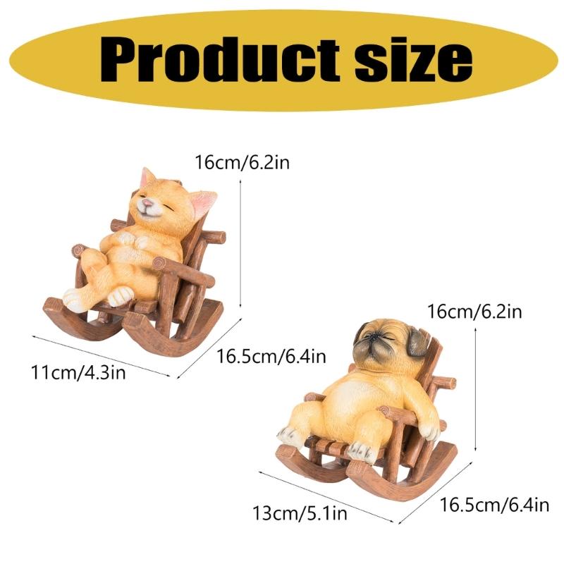 Resins Rocking Chair Cats Dog Figurine Cartoon Animal Miniature Statue for Home Office Tabletop and Shelves Decoration