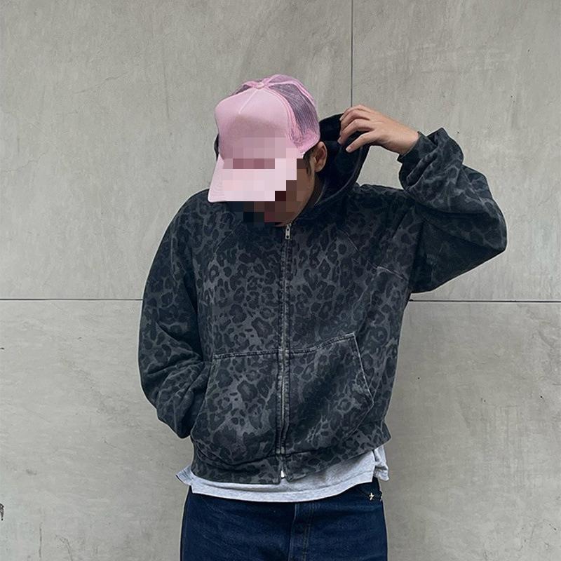 European and American autumn and winter retro loose trendy printed hooded zipper sweatshirt