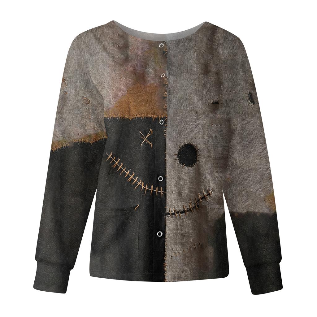 Women's Casual Fashion Long Sleeve Standing Collar Single Breasted Halloween Print Workwear Jacket Tops