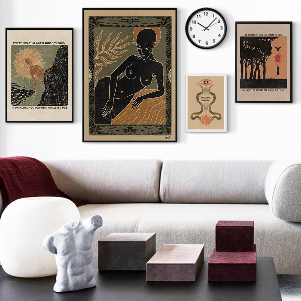 Abstract Vintage Snake Spiritual Art Poster Boho Retro Sun Nude Gril Body Feminist Forest Cavnas Painting Living Room Home Decor