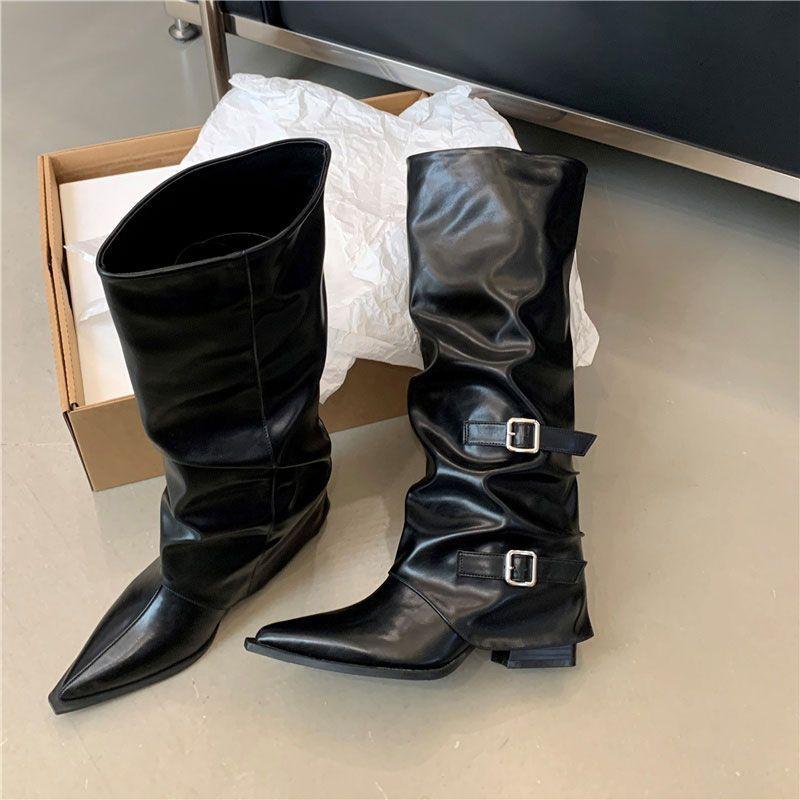 Pointed Buckle Pleated Pile Boots Women's Thick Heel 2025 Punk Style Knight Boots Fried Street Hot Girl High Heel Boots