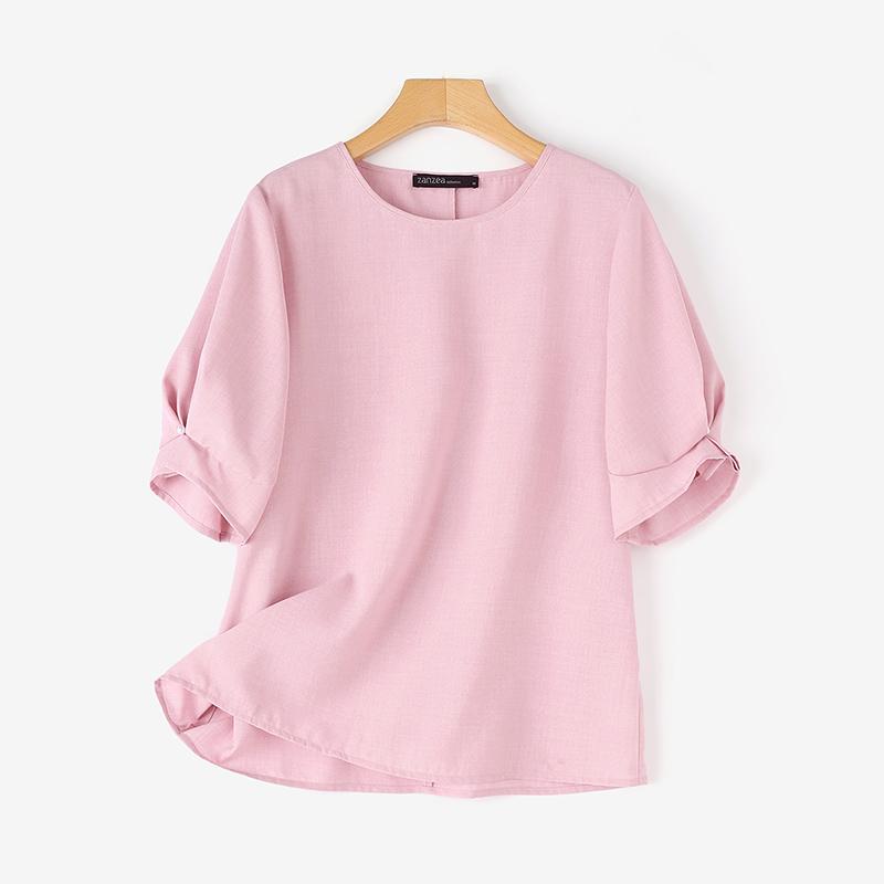 ZANZEA Women Casual Round Neck Puff Short Sleeve Solid Color Loose Straight Blouses