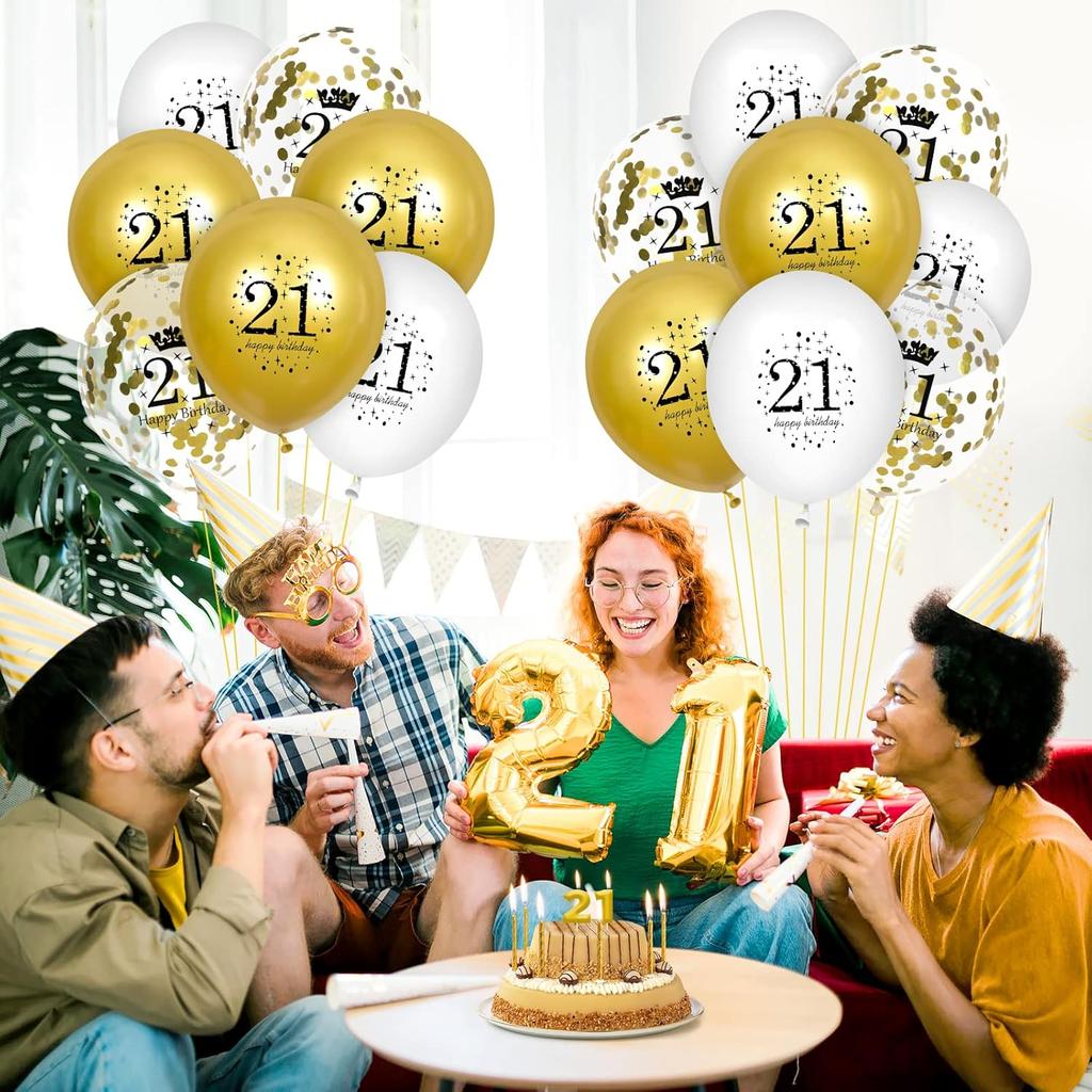 21st Birthday Balloons - 15pcs White Gold Happy Birthday Latex Balloons with Confetti for Boys & Girls 12 inch