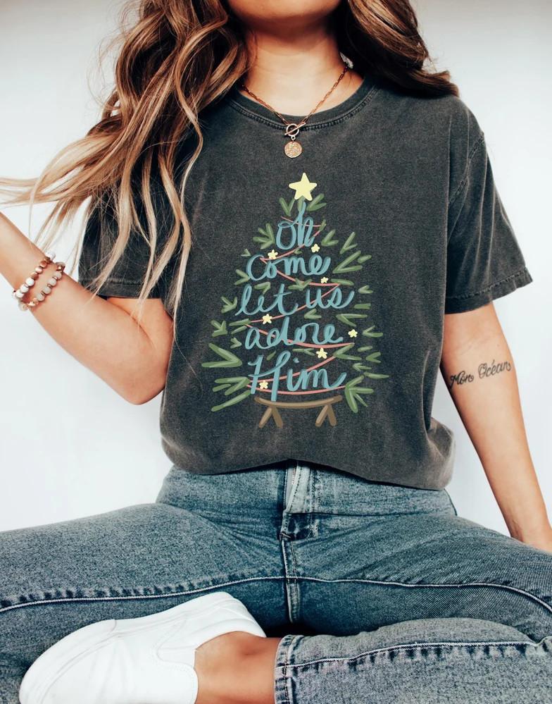 Oh Come Let Us Adore Him Shirt Christian Nativity Christmas Graphic Tee