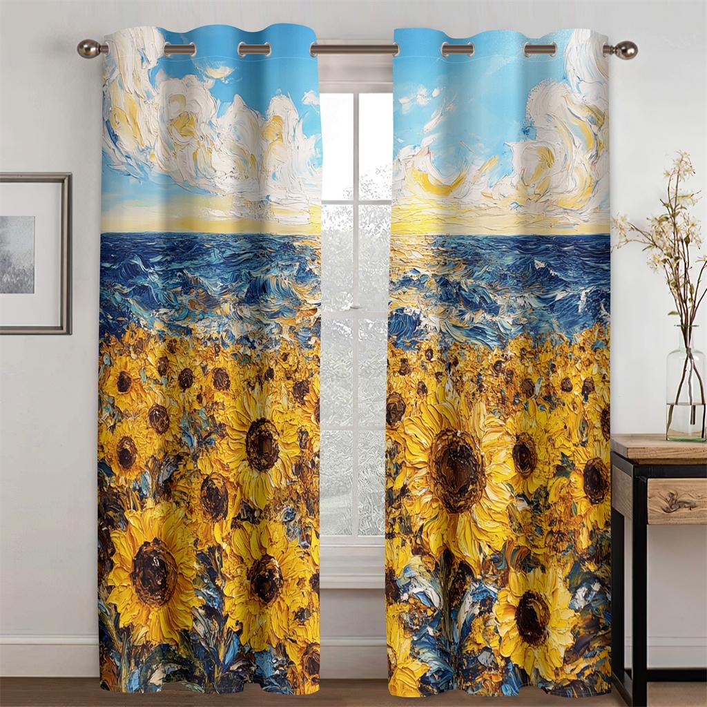 3D Oil Painting Sunflower Ocean Curtains Blue Sky Sunrise Bedroom Living Room Balcony Kitchen Decorative Curtains 2 Panels
