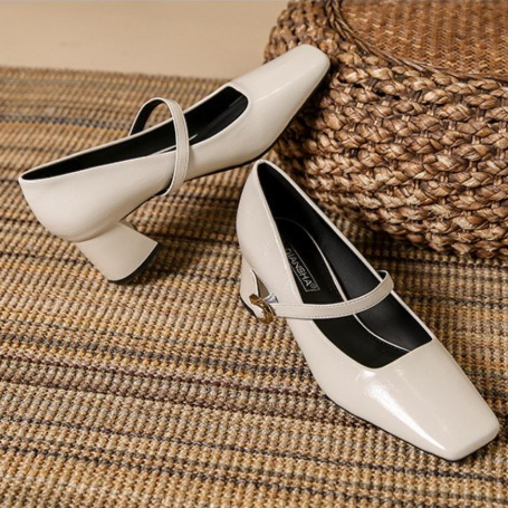 Fashion Mary Jane Shoes Vintage Mary Jane Leather Shoes with Light Mouth Single Shoes Women's Square Head Thick Heel High Heels