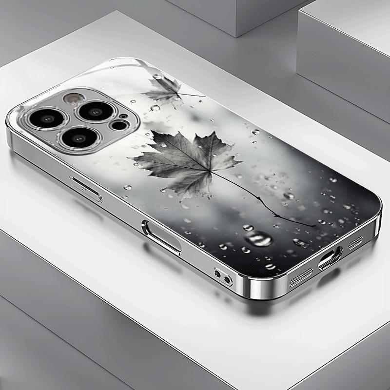 

Gray Rainy Maple Leaf Pattern Electroplated Silver Glass Phone Case For iPhone 17 16 15 14 13 12 11 Pro Max Plus 16E 17Air Cover iPhone 16