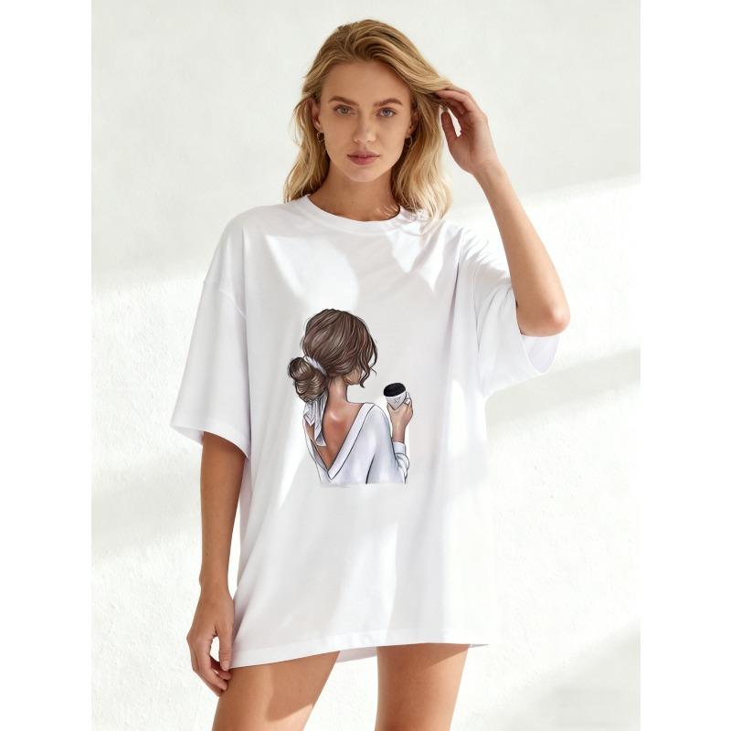 Black Oversized T Shirt With Woman Holding Coffee Cup Print Casual Everyday Wear