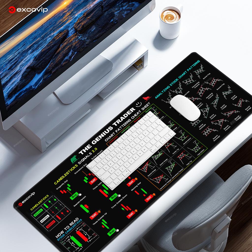 EXCO Stock Market Mouse Pad Large Trader Chart Candlestick Pattern Keyboard Mousepad Investor Desk Mat Stitched Edge Rubber Base