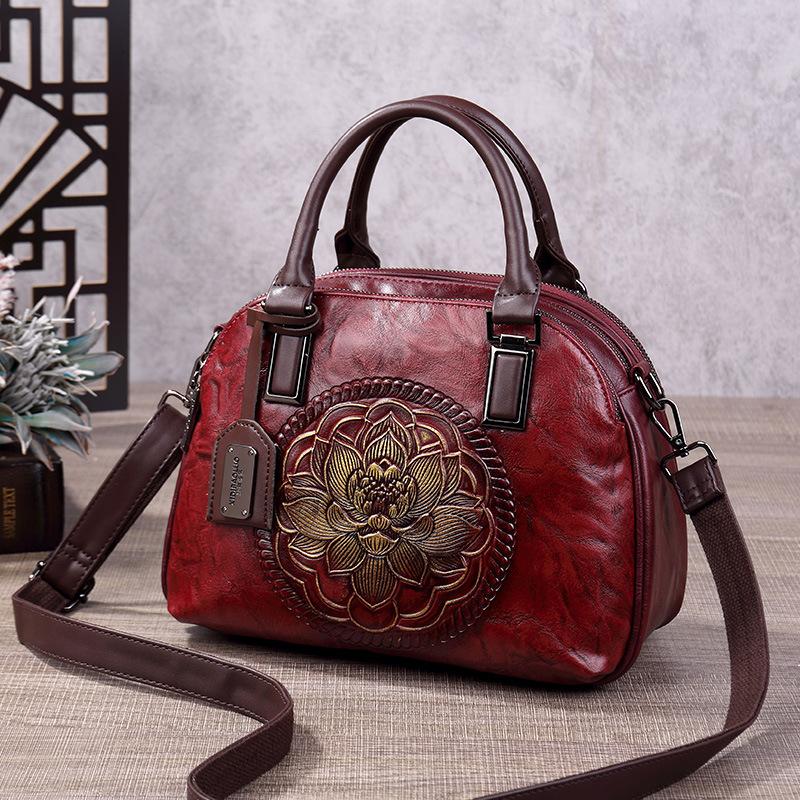 Vintage Chinese Style Shoulder Crossbody Bags for Women Embossing Print Tote Bags Large Capacity Multi-Pocket Soft Handbags