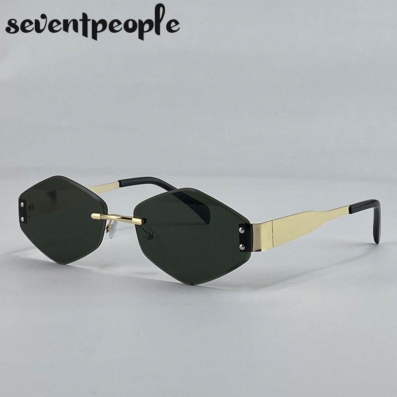 Rimless Small Polygon Sunglasses Women  Luxury Brand Trendy Frameless Hexagon Sunglass For Ladies Fashion Metal Frame Shades
