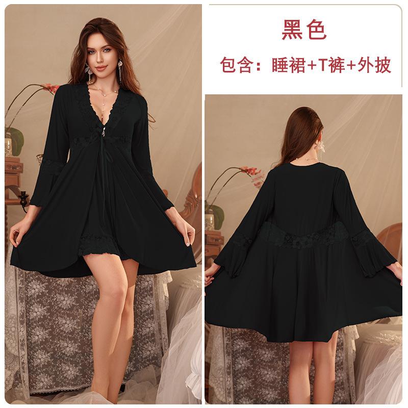 Spring and summer pajamas women with chest pads, suspenders, pajamas, pure desire wind long-sleeved pajamas, three-piece loungewear