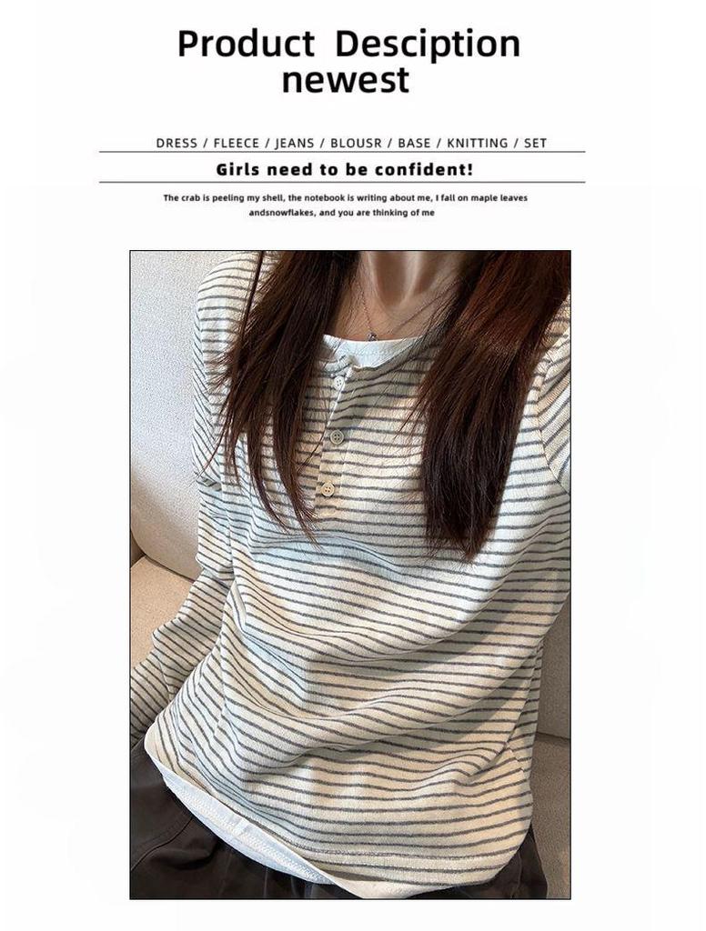 Korean Retro Henley Collar Stripe Long Sleeve Two-Piece Look Top for Women - Early Autumn Loose Fit