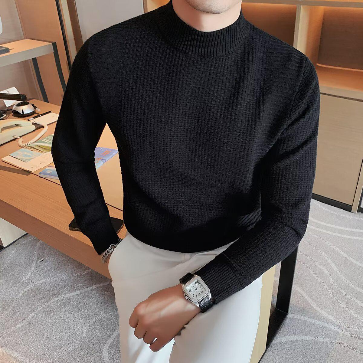 

Men s Slim Fit Korean Ribbed Knit Sweater - Mid-High Neck, Solid Color, Autumn/Winter Base Layer. XL чорний