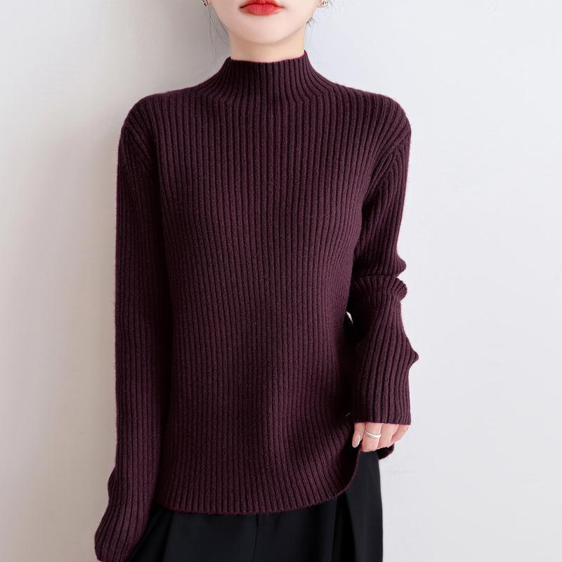 A New Type of Women's Autumn and Winter Knitted Sweater Top with A Semi-high Neck and A Striped Base Layer