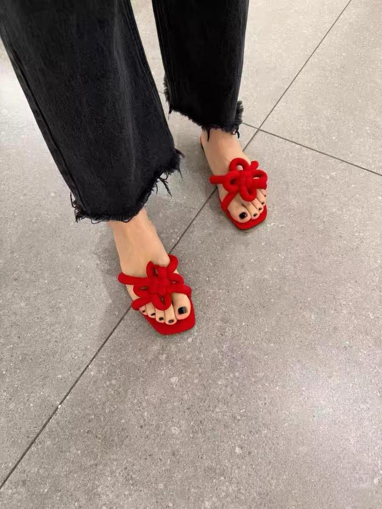 2025 Women's Genuine Leather Red Chinese Knot Flat Sandals - Square Toe, One-Strap Casual Outdoor Wear