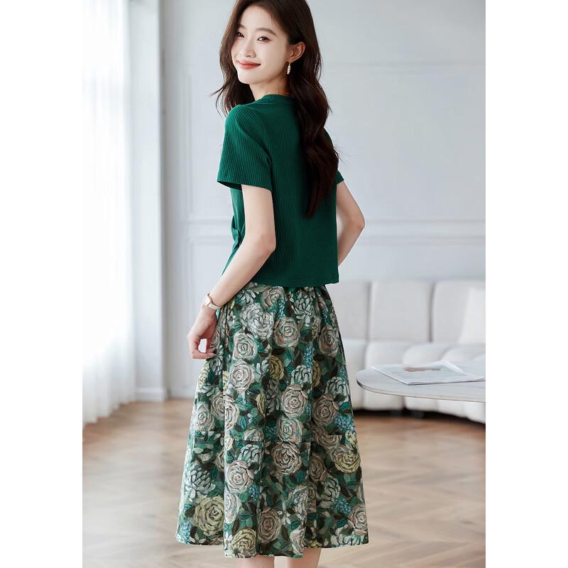 Shangjing Women's Summer Knit T-shirt & Rose Print Skirt Set