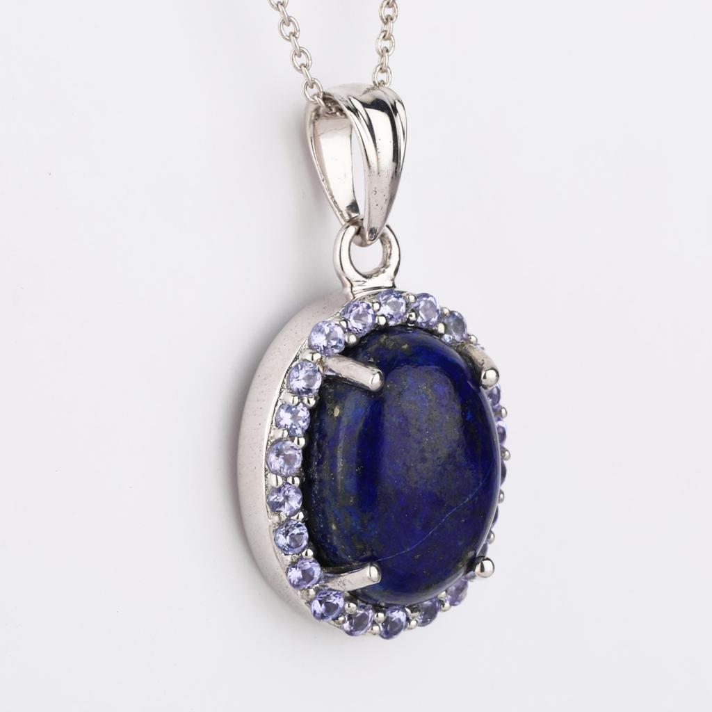 925 Sterling Silver Lapis Lazuli Pendant with Tanzanite Accents Oval 16x12mm Rhodium Fine Jewelry Gift for Her