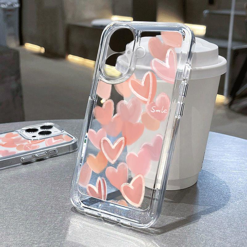 For iPhone 16 Pro 15 14 Plus 13 12 Mini 11 Pro Max Xs Xr 8 7 Shockproof Love Hearts Pattern Silicone Soft Slim Transparent Lens Protection Case Cover