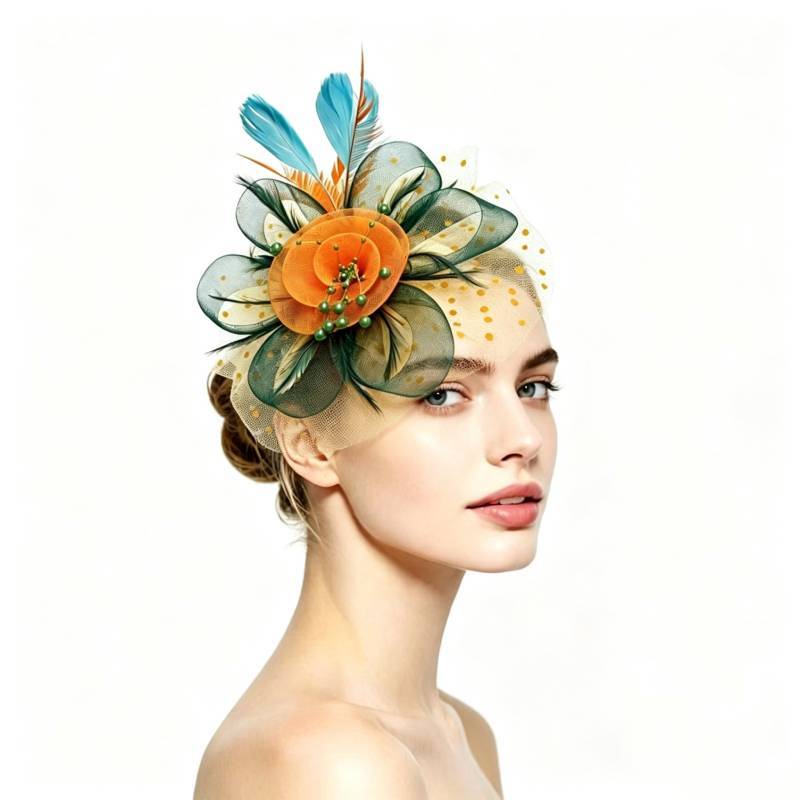 Vintage Bridal Feather Headpiece With Colorful Mesh Flower For Weddings And Parties