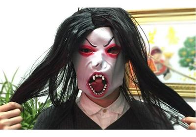 Halloween Sadako Ghost Face Mask with Hair - Horror Prank Latex Hood