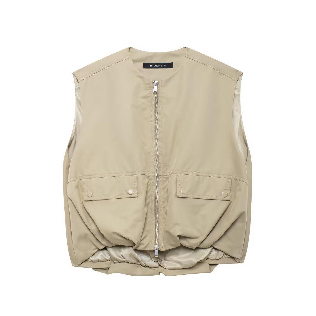 

Летний женский жилет без рукавов с оборками, круглым вырезом и отделкой молнией от TAOP&ZA L хаки