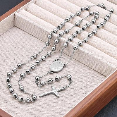 Collana Rosario con Croce in Perle d'Acciaio Rotonde Europee, Inossidabile, con Ciondolo della Vergine Maria per Uomini e Donne