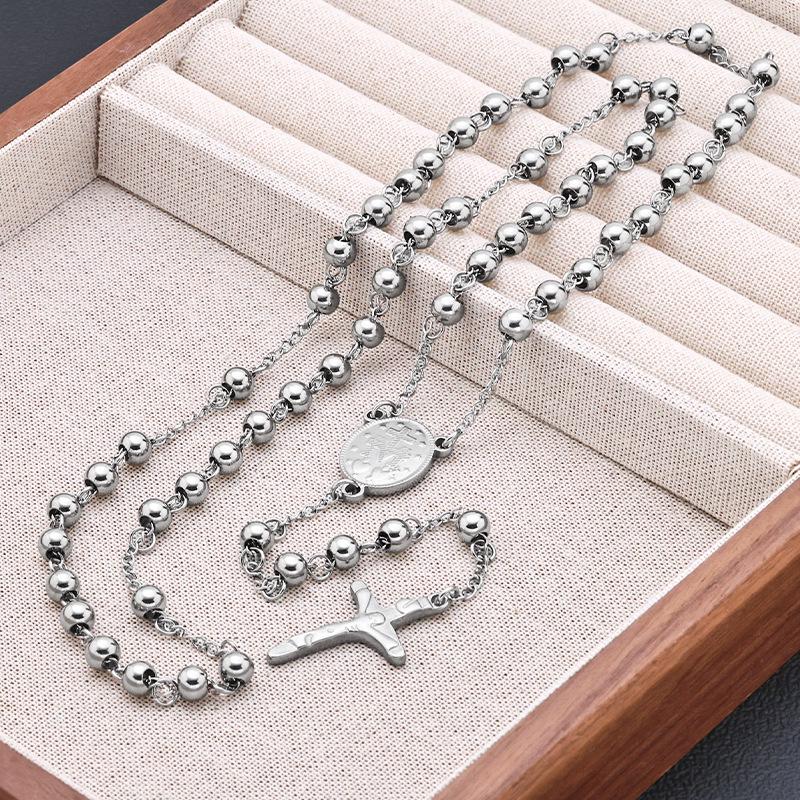 Non-fading European Round Steel Beads Cross Rosary Necklace with Virgin Mary Pendant for Men & Women