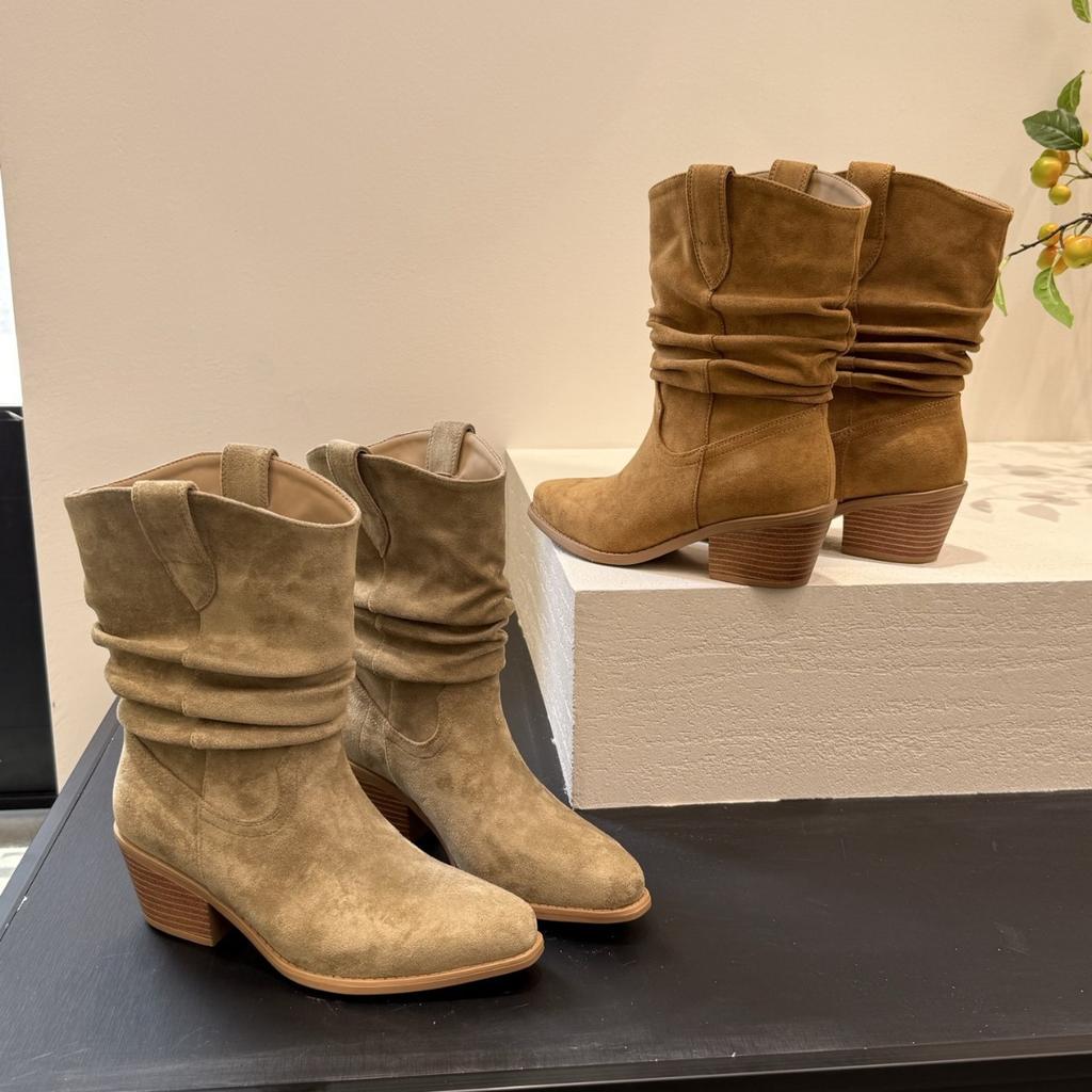 2025 new light luxury Zhao Ruth same~ thick heel western cowboy boots slightly polished retro fashion boots are thin and thick