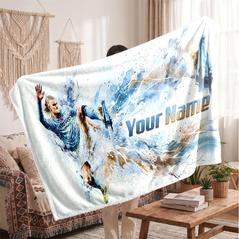Erling Haaland Personalized Fleece Blanket With Football Logo, Custom Name Text Soft Warm Home Throw Blanket