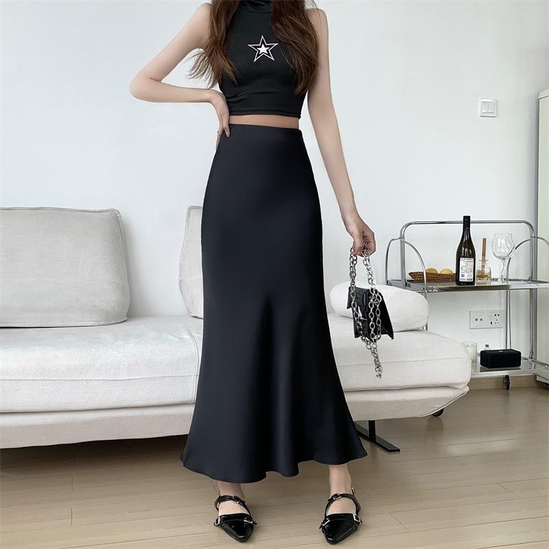 Women's Plain Satin Skirt High-Waist Solid Color Mid-Length Korean Style