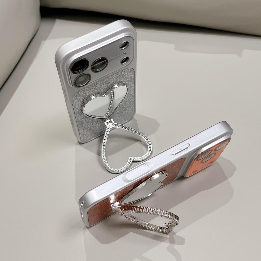 Glitter Heart Mirror Stand Case for iPhone 13/14/15/16/17 Pro Max