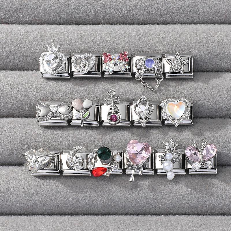 Shiny Bow Knot Butterfly Heart Star Zircon Water Drop Italian Charm Links Fit 9mm Stainless Steel Bracelet Women DIY Making