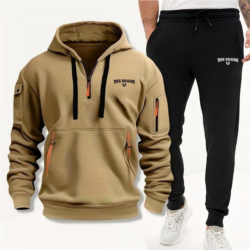 2024 European and American Men's Multi-pocket Multi-zipper Fleece-lined Sweater Suit Daily Joker Street Fashion Fashion Fashion