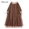 Japanisches Mori-Mädchen Frühling Herbst Damen Midikleid Rüschenkragen Blumendruck Patchwork Retro Kleid Vintage Baumwolle Leinen Stickerei Aushöhlen Kleid