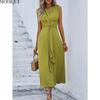 MODIQUE 2025 Summer Plus Size New Women's Casual Solid Color Off Shoulder Elastic Waist Sleeveless O-Neck Long Dress