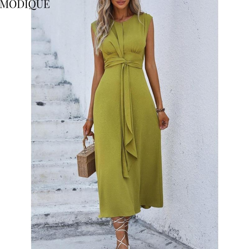 MODIQUE 2025 Summer Plus Size New Women's Casual Solid Color Off Shoulder Elastic Waist Sleeveless O-Neck Long Dress