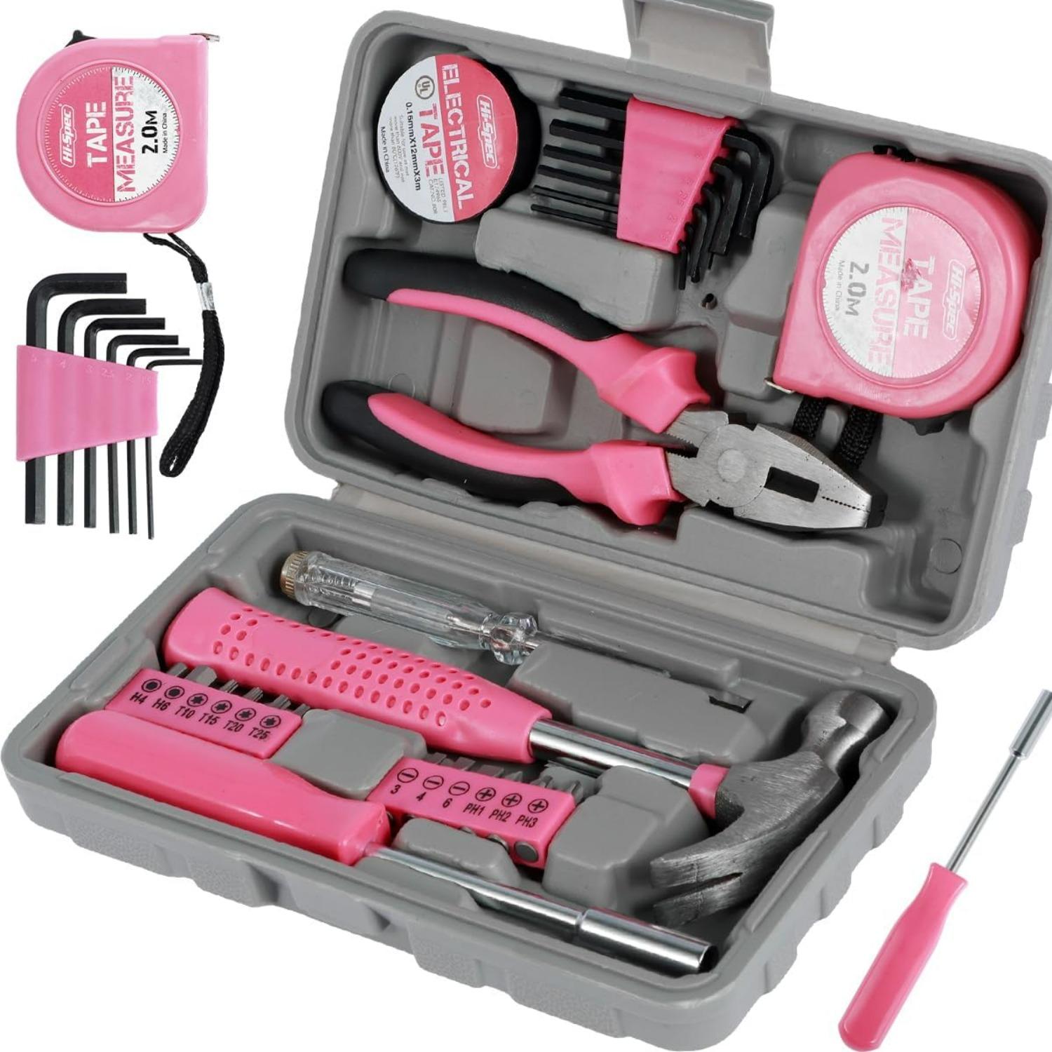 

24 Pcs Small Tool Kit for Women Men Household Mini Tool Sets DIY Hand Tool Home Repair Tool Box with Tools Included Hammer Allen Key Set Electrical 24 Pcs рожевий