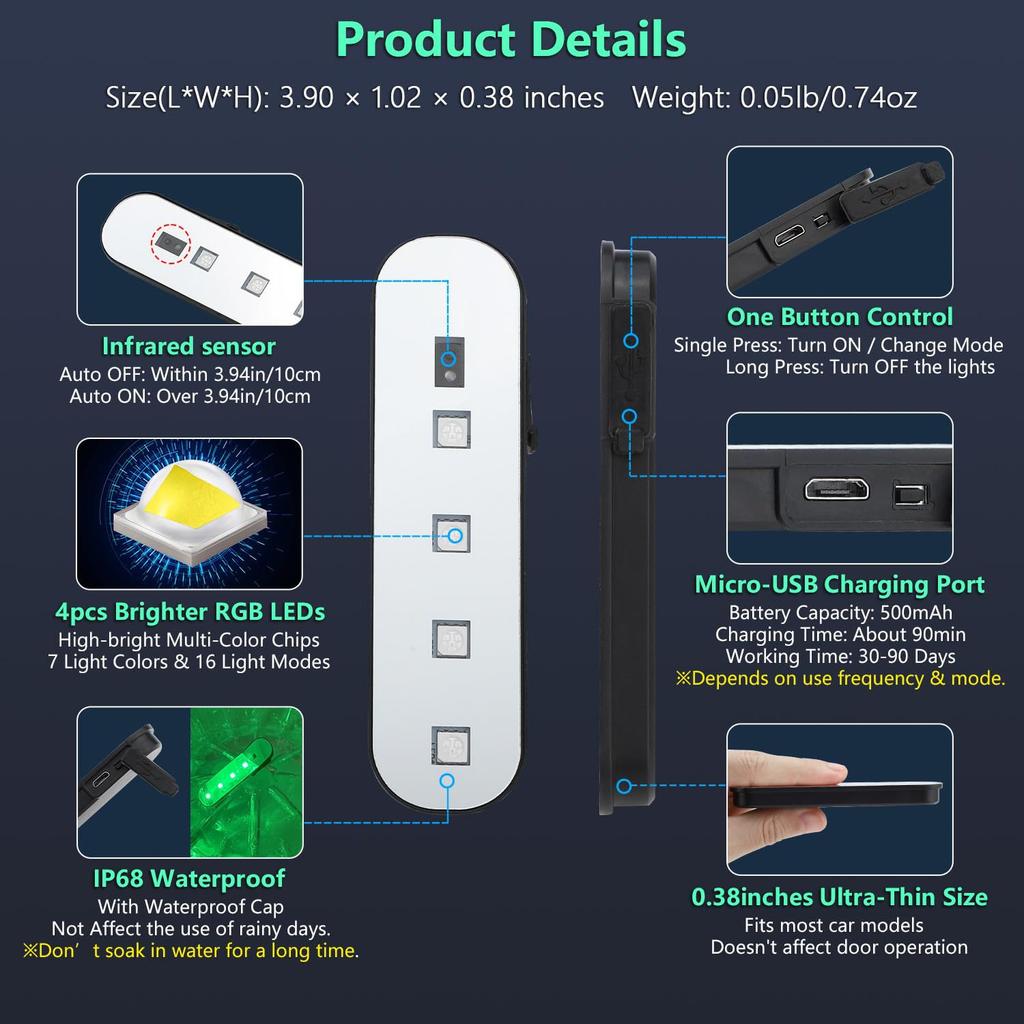 Multifunctional Wireless Magnetic Door Sensor Light Car Trunk Light In-Car Reading Light USB Rechargeable 7 Color Adjustable