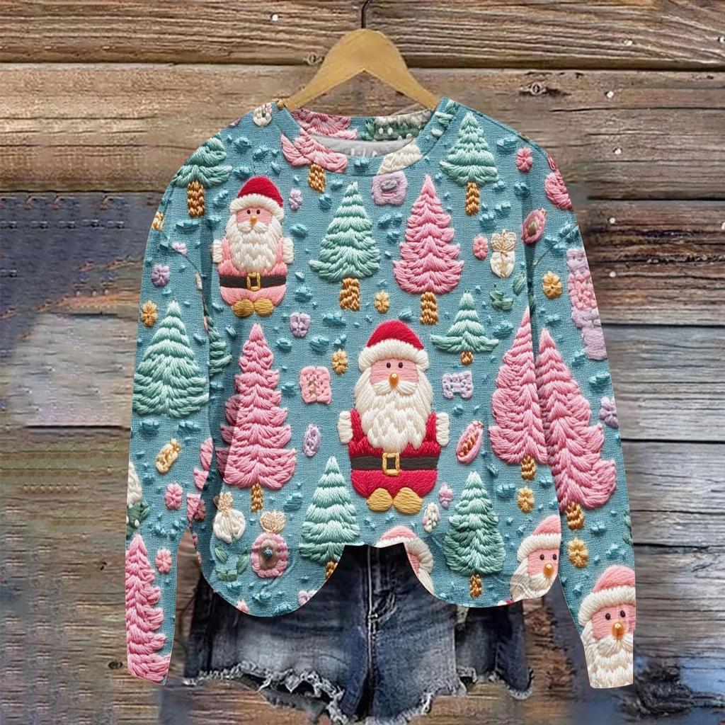 Ladies' Christmas Printed Long Sleeved Round Neck Hoodie Loose Top