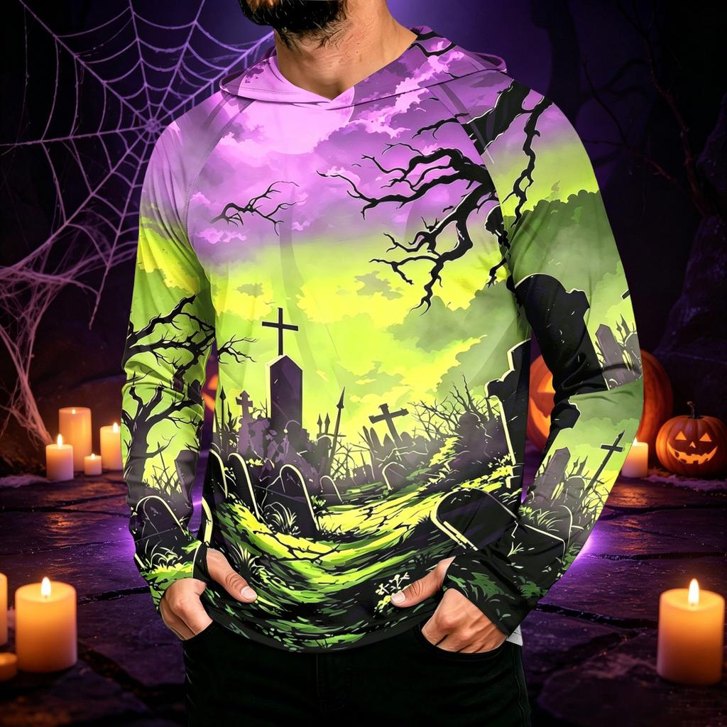 Men's Long Sleeve Hooded Sun Shirt with Halloween Print