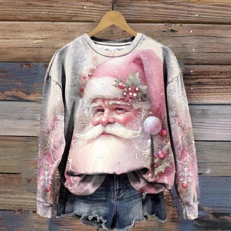 Vánoční dámský svetr nadměrné velikosti s kulatým výstřihem, pohodlný, volný, s 3D potiskem roztomilého Santa Clause