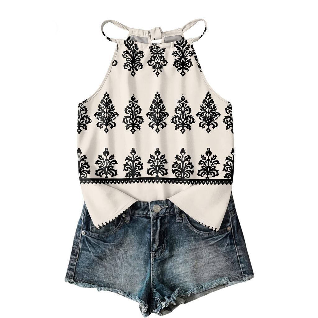 Women Sleeveless Bohemian Tank Top Geometric Print Casual Summer Beachwear Lightweight Blouse with Adjustable Straps and Back Button Closure