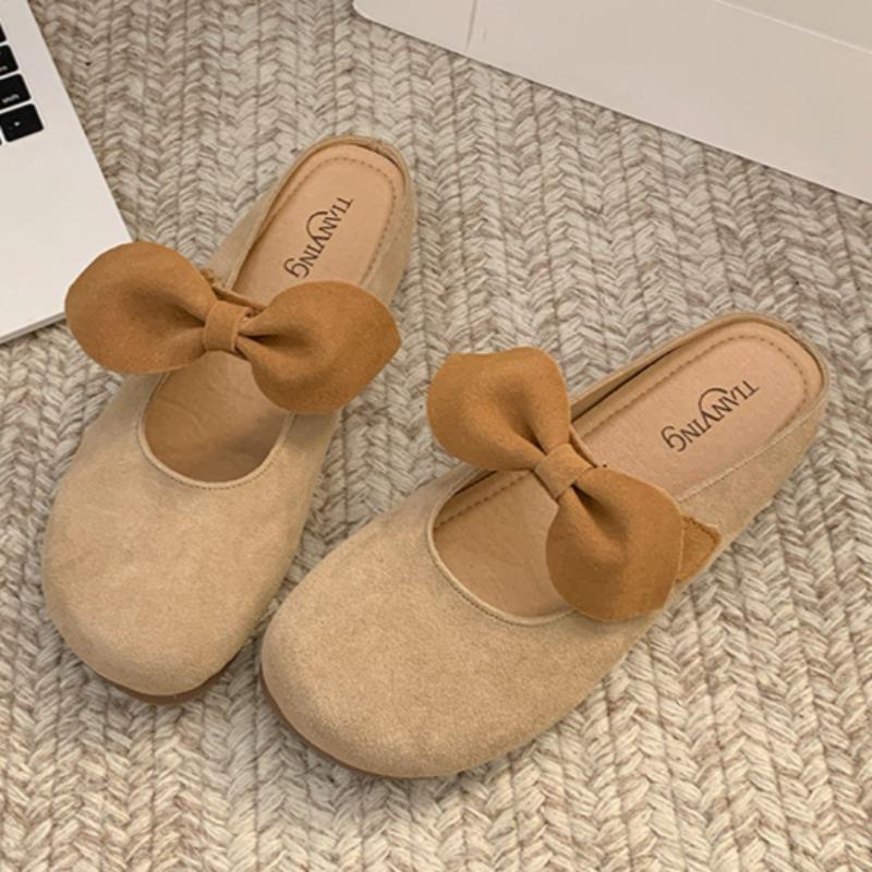 

Модные весенние новые шлепанцы-баотоу женские с круглым носком, с мелким вырезом, из замши, с бантом-бабочкой, на мягкой подошве, противоскользящие, износостойкие, плоские туфли 40